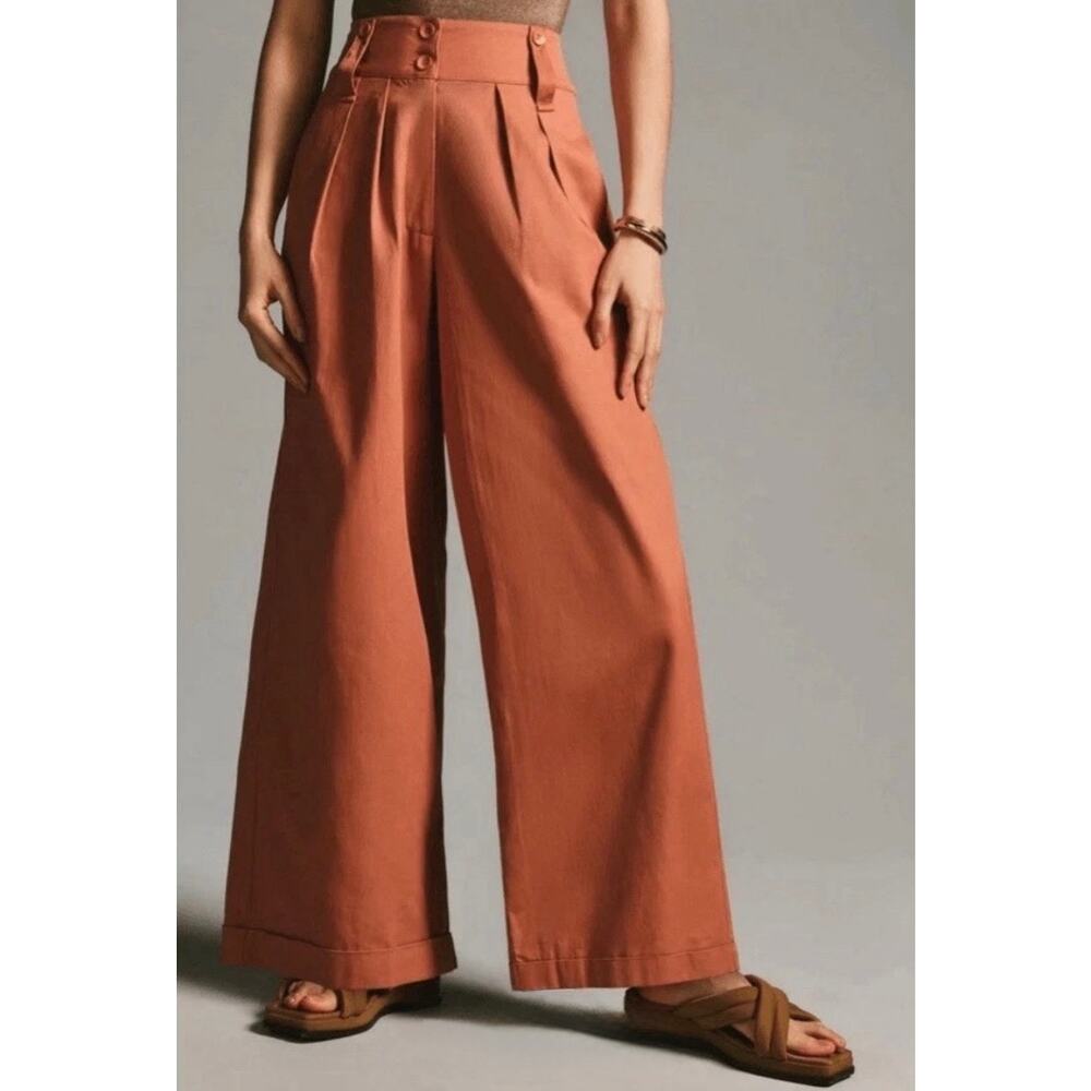 Anthropologie Tiny Ulysses Wide Leg Pants Rust Cotton Poplin High Rise NWT Sz L - Picture 2 of 13
